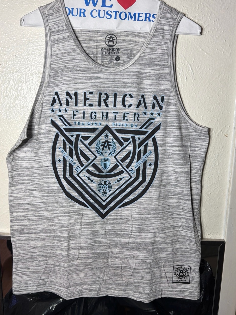 American Fighter Gray Striped Graphic Tank with Black & Blue Emblem